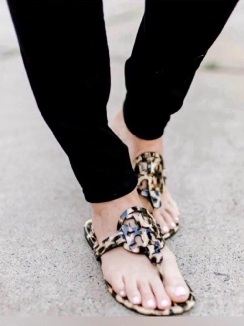 Tory Burch Tan & Black Natural Leopard Printed Patent Leather Miller Sandals